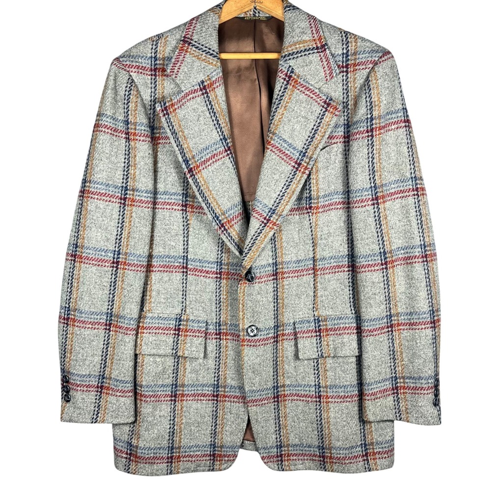 John Pomer Blazer Mens 42 Grey Plaid 100% Pure Wool 2 Button Sport Coat Vintage